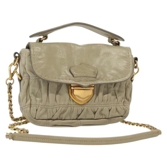 PRADA Chain Shoulder Bag Leather Beige Gold Auth - Picture 1 of 15